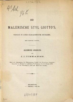 Der malerische Styl Giotto's : Versuch zu einer Charakteristik desselben. Mit einer Tafel. Akademische Abhandlung