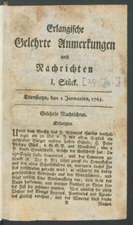 [20. Jahrgang]: Compendivm Historiae Litterariae Novissimae Oder Erlangische Gelehrte Anmerkungen und Nachrichten