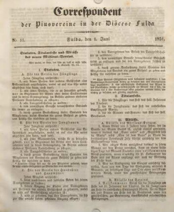 Nr. 11. Fulda, den 1. Juni 1851.