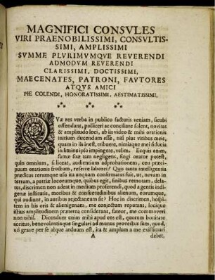 Magnifici Consules uiri Praenobilissimi, consultissimi, amplissimi [...]