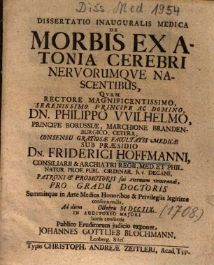 Dissertatio Inauguralis Medica De Morbis Ex Atonia Cerebri Nervorumqve [Nervorumque] Nascentibus