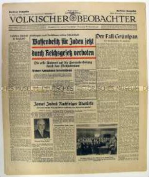 Tageszeitung "Völkischer Beobachter" mit einem Kommentar von Goebbels zum "Fall Grünspan" und zum Tod von Kemal Atatürk