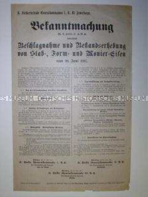 Bekanntmachung betreffend Beschlagnahme von Eisen
