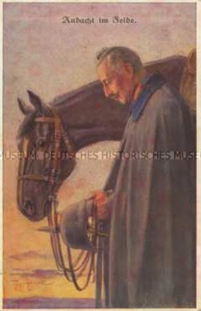 Wilhelm II. in stiller Andacht neben seinem Pferd