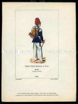 Uniformdarstellung, Hornist des 4. Garde-Regiments zu Fuß in Parade, Preußen, 1861. Aus: Der Soldatenfreund.