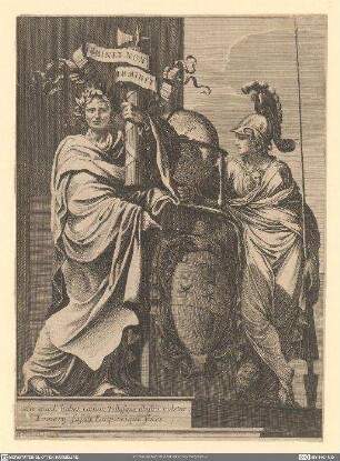 [Allegorie: Römer mit Liktorenbündel und Lorbeerkranz und Athene (Minerva) mit dem Wappen Kardinal Mazarins]