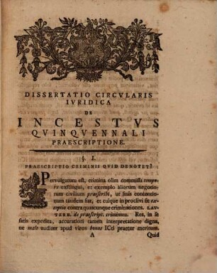 Diss. iur. circularis de incestus quinquennali praescriptione