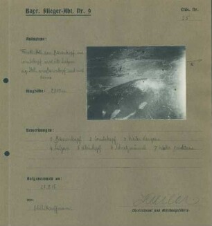 Foto feindlicher Stellungen am Barrenkopf und Combekopf und östlich von Sulzern (Soultzeren) sowie eigener Stellungen am Barrenkopf und südlich davon (Luftbild)