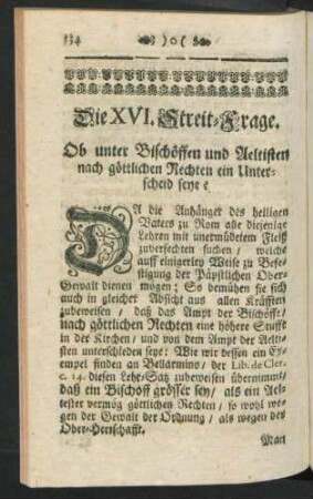 Die XVI. Streit-Frage. Ob unter Bischöffen und Aeltisten nach göttlichen Rechten ein Unterscheid seye?