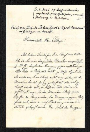 Brief von E. Ehlers (Direktor des zoologischen Museums in Göttingen) an Ferdinand Krauss