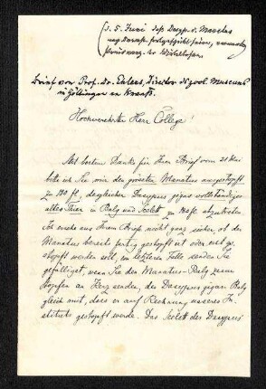 Brief von E. Ehlers (Direktor des zoologischen Museums in Göttingen) an Ferdinand Krauss
