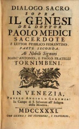 Dialoghi Sacri Sopra La Divina Scrittura, 2. Il Genesi