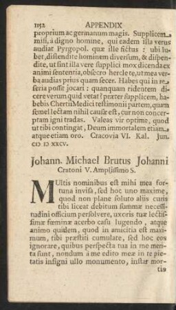 Johann. Michael Brutus Johanni Cratoni V. Amplissimo S.
