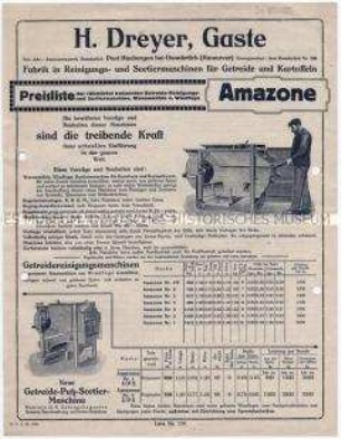 Preisliste über Getreide- und Kartoffelreinigungs- und Sortiermaschinen