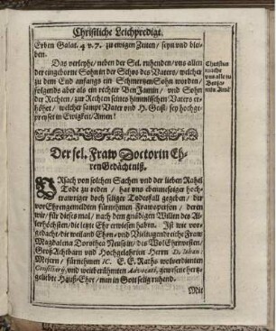 Der sel. Fraw Doctorin EhrenGedächtniß.
