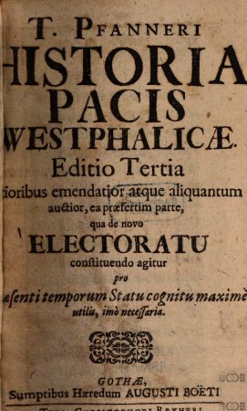 T. Pfanneri Historia Pacis Westphalicae