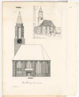 Evangelische Dorfkirche Monatskonkurrenz Januar 1913: Aufriss Südansicht, perspektivische Ansicht
