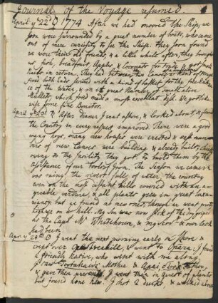 Journal April 22nd - September 1st 1774