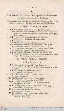A. Erste Periode der Lethaea. First period of the Lethaea. Première periode de la Lethaea. (Nr. 1- 72)