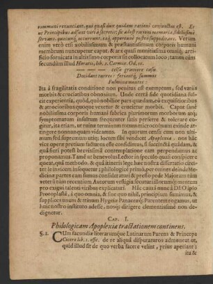 Cap. I. Philologicam Apoplexiae tractationem continens.