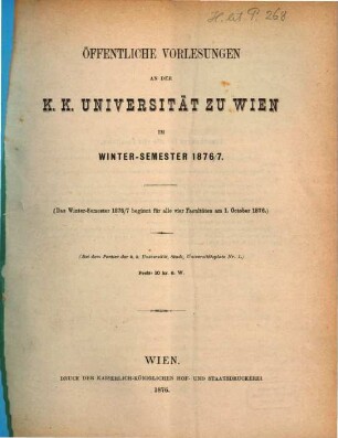 Vorlesungsverzeichnis. 1876/77, 1876/77. WS