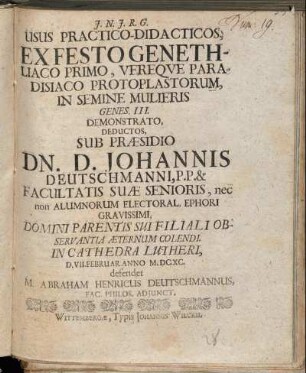 Usus Practico-Didacticos, Ex Festo Genethliaco Primo, Vereque Paradisiaco Protoplastorum, In Semine Mulieris Genes. III. Demonstrato, Deductos