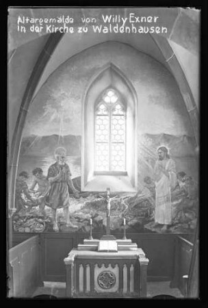 Kirche in Waldenhausen -mit Schriftzug "Altargemälde von Willy Exner in der Kirche zu Waldenhausen"