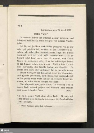 Nr 1. Königsberg den 29. April 1820