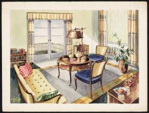 Wohnzimmer. Runder Tisch mit Ablageplatte unter der Tischplatte, zwei Stühle, Sofa, Dreisitzer, Bücherregal dreietagig, Schränkchen zweitürig, Stehlampe, Anrichte (nur Ausschnitt), Deko