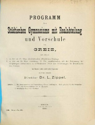 Programm des Städtischen Gymnasiums mit Realabteilung und Vorschule zu Greiz. 1889/90