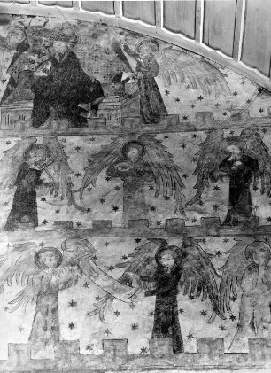 Musizierende Engel auf den Zinnen des Himmlischen Jerusalems : Musizierende Engel auf den Zinnen des Himmlischen Jerusalems. Wandmalerei (1301/1400). Ausschnitt. Lorsch, Kloster, Ehemaliges Benediktinerkloster Sankt Peter, Paul und Nazarius, Lorscher Torhalle (Königshalle)
