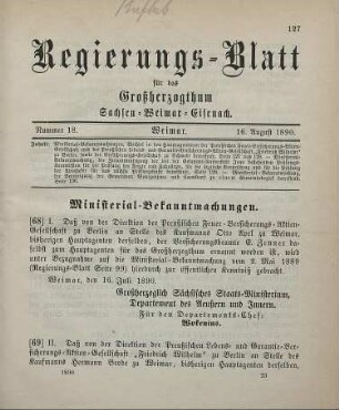 68. Ministerial-Bekanntmachung, den Wechsel in der Hauptagentur der Preußischen Feuer-Versicherungs-Aktien-Gesellschaft betreffend