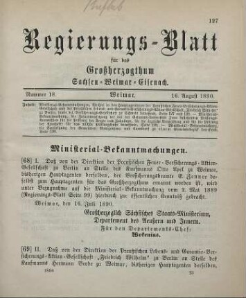68. Ministerial-Bekanntmachung, den Wechsel in der Hauptagentur der Preußischen Feuer-Versicherungs-Aktien-Gesellschaft betreffend