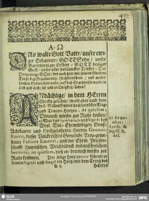 Leichenpredigt : Das walte Gott Vater, unser ewiger Erbarmer...