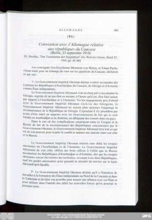 (91) Convention avec l'Allemagne relative aux républiques du Caucase (Berlin, 23 septembre 1918)