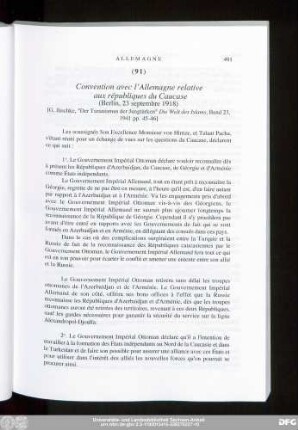 (91) Convention avec l'Allemagne relative aux républiques du Caucase (Berlin, 23 septembre 1918)