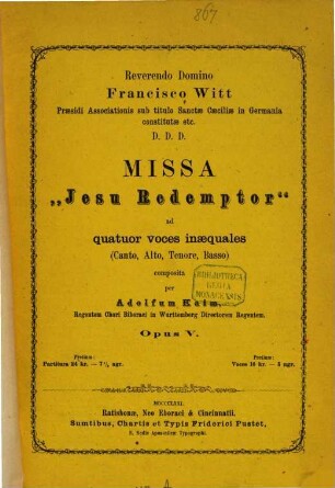 Missa : Jesu Redemptor ; ad 4 voces inaequales (canto, alto, tenore, basso) comp. ; op. 5