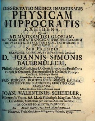 Dissertatio medica inauguralis physicam Hippocratis exhibens