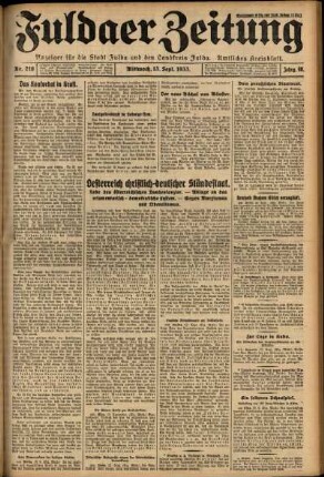 Erste Ausgabe vom Mittwoch, den 13. September 1933.
