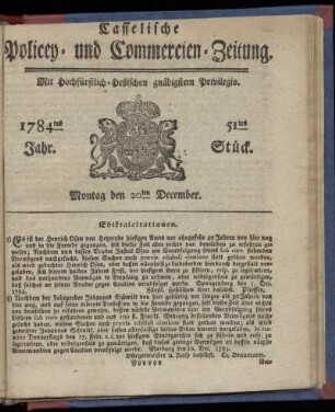 51tes Stueck, Montag den 20ten December. 1784