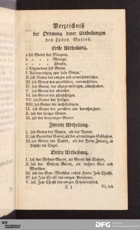 Verzeichniß der Ordnung derer Abtheilungen des Lobes Gottes.