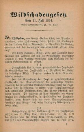 Wildschadengesetz. Vom 11. Juli 1891.