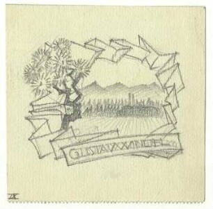 Exlibrisstudie für Gustav Windel : Landschaft mit Fabrik, ein Baum, Darstellung von Band umgeben, darin der Namenszug