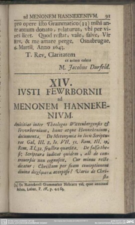 XIV. Iusti Fewrbornii ad Menonem Hannekenium