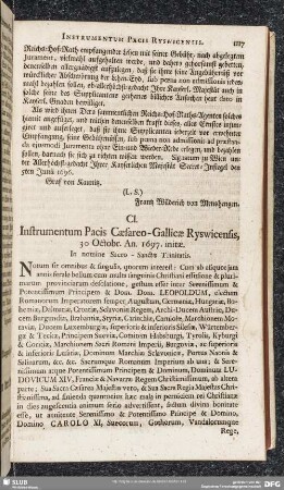 CI. Instrumentum Pacis Caesareo-Gallicae Ryswicensis, 30 Octobr. An. 1697. initae