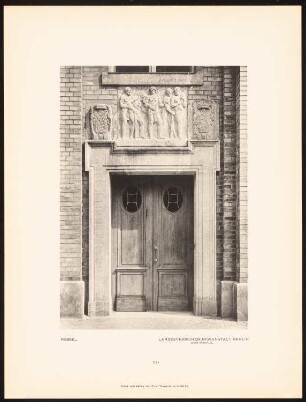 Landesversicherungsanstalt, Berlin: Ansicht des Seitenportals (auf dem Blatt als »Hauptportal« bezeichnet) (aus: Alfred Messel, 1912)