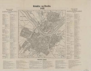 Stadtplan von Dresden, 1:15 000, Lithographie, 1855 : Grundriss von Dresden. - [Ca. 1:15 000]. - [Dresden] : [Verl. d. Königl.-Sächs. Adreß-Comptoirs] , 1855. - 1 Kt. : Lithogr. ; 24 x 24 cm