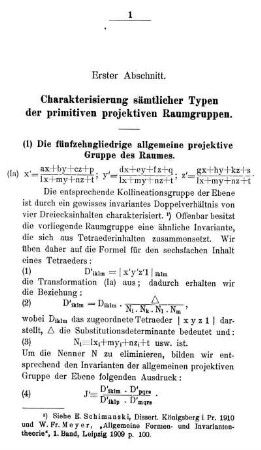 Erster Abschnitt - Charakterisierung sämtlicher Typen der primitiven projektiven Raumgruppen.