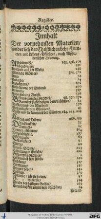 Innhalt Der vornehmsten Materien ... nach Alphabetischer Ordnung.