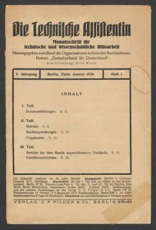 Die Technische Assistentin. Monatsschrift für technische und wissenschaftliche Hilfsarbeit. Jahrgang 8 (1928) 1-12